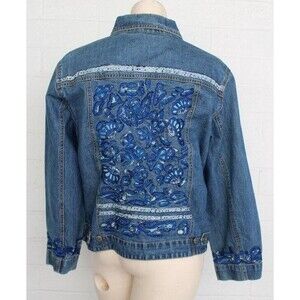 Chico's Design 2 L 12 Boho Chic Heavily Embroidered Back Vintage Denim Jacket.